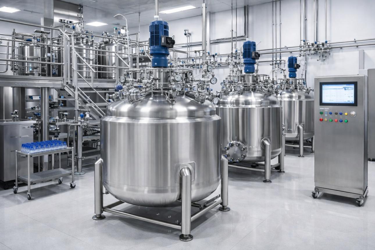 Stainless-steel liquid formulation tanks in a manufacturing facility